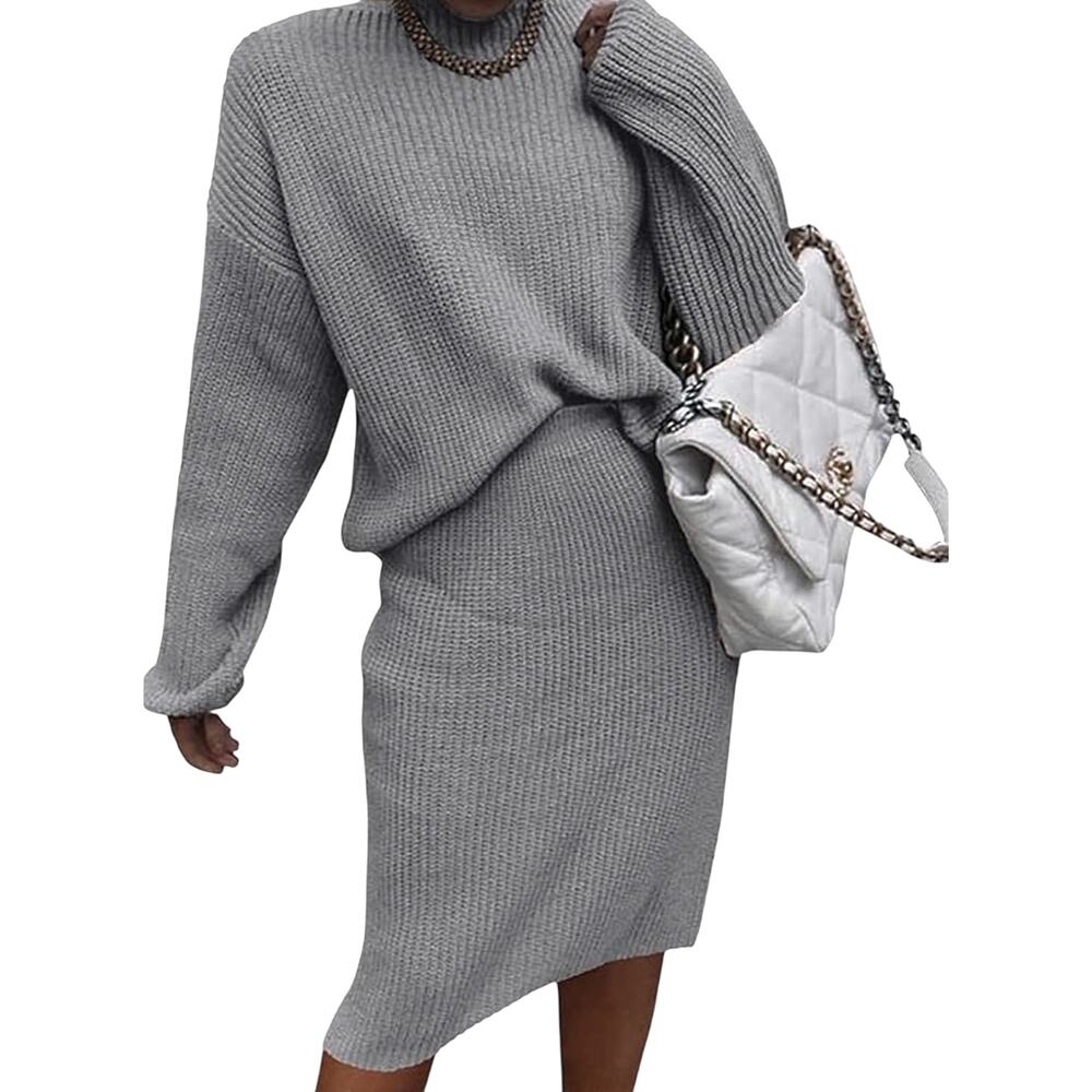 NWT Women's Medium Gray Mock Turtleneck Sweater Pull-On Skirt 2 Piece Set